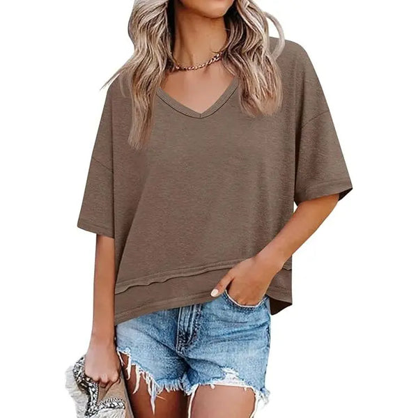 Women's V-Neck Spliced Hem Casual Top