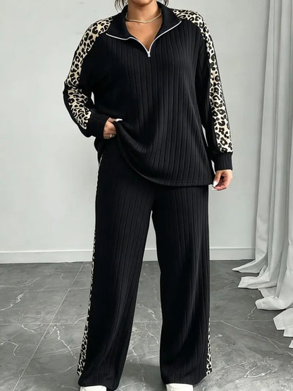Plus Size Women Leopard Ribbed 2 Piece Outfit