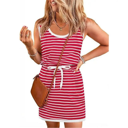 Women's summer sleeveless striped dress, drawstring waist casual suspender mini dress