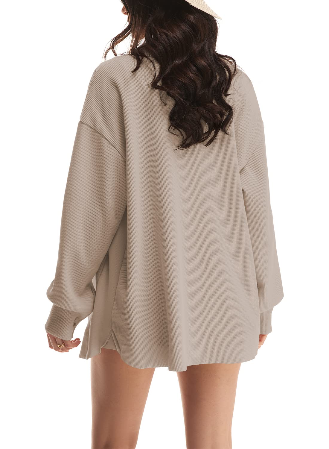 ✨Women's Loose Fit Batwing Sleeve Waffle Knit Button Down Shirt Shacket Tops