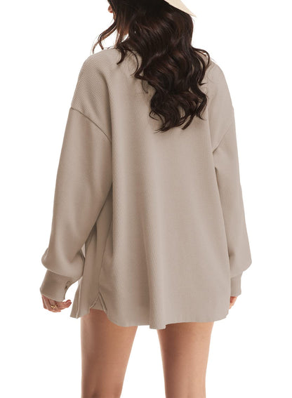 ✨Women's Loose Fit Batwing Sleeve Waffle Knit Button Down Shirt Shacket Tops