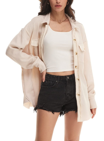 ✨Women's Loose Fit Batwing Sleeve Waffle Knit Button Down Shirt Shacket Tops