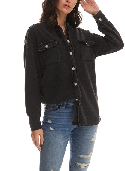 ✨Women's Loose Fit Batwing Sleeve Waffle Knit Button Down Shirt Shacket Tops