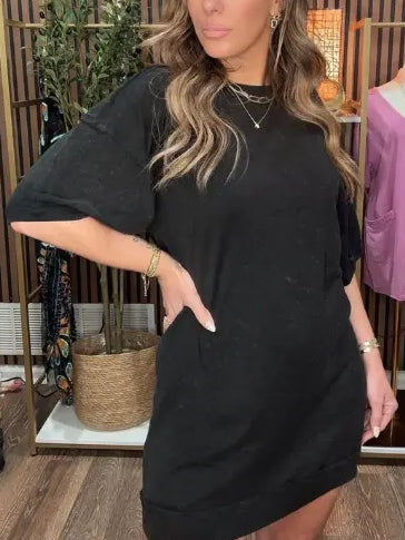 Washed Cotton Crew Neck Casual Mini Dress