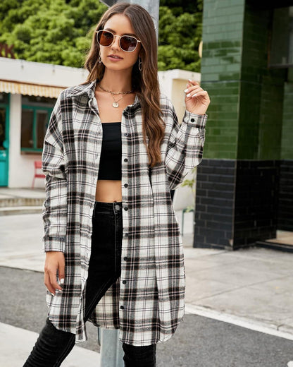 Women's Button Down Flannel Shirts Plaid Shacket  Collared Long Jacket Coats