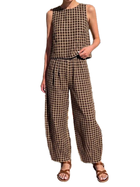 Women Plaid Sleeveless Crop Top & Elastic Waist Wide Leg Pants 2 Piece Matching Set