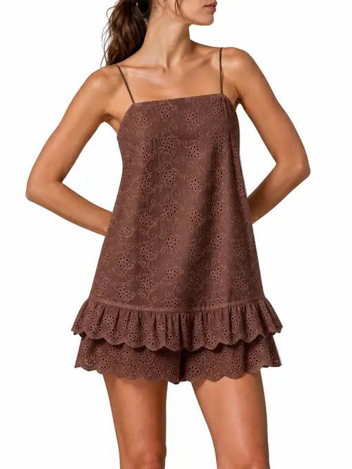 Women Boho Eyelet Embroidery Spaghetti Strap Ruffled Hem Mini Romper