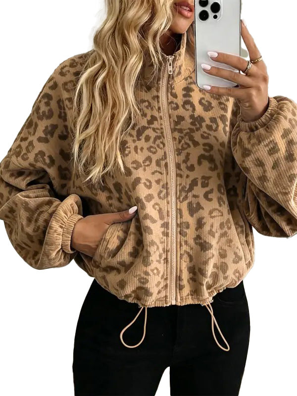 Hot Sale-Women's Cropped Zip Up Leopard Print Corduroy Jacket
