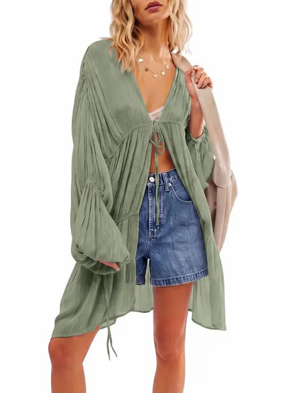 Women Boho Tie‑Front Long Duster Cardigan Lantern Puff Sleeve Outerwear