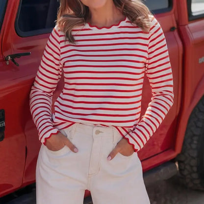 Scalloped Trim Crew Neck Striped Long Sleeve Top
