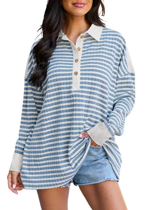 Women Oversized Striped Drop‑Shoulder Polo Shirt