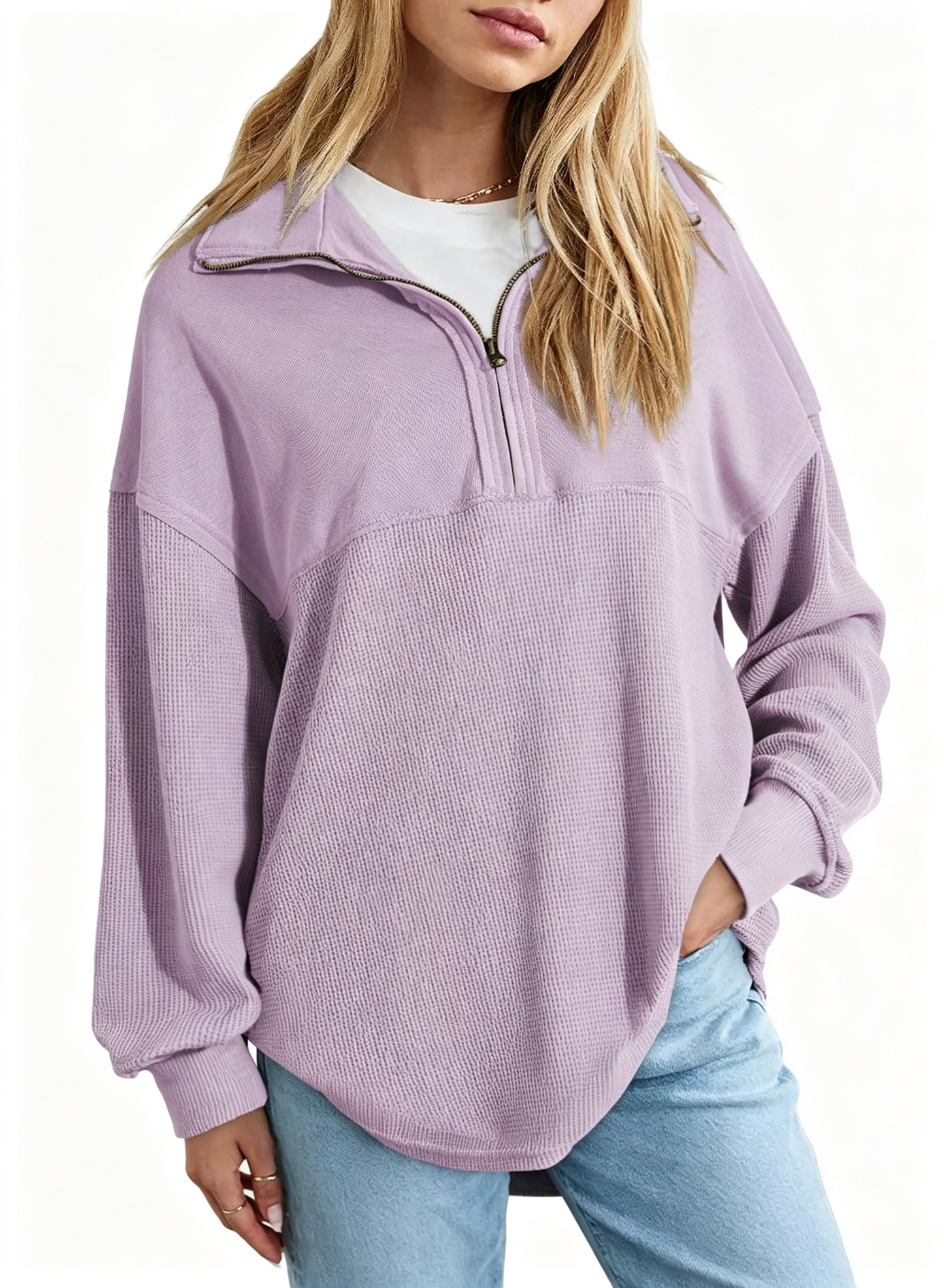 Women's  Waffle Knit Half Zip Pullover Casual Sweatshirt