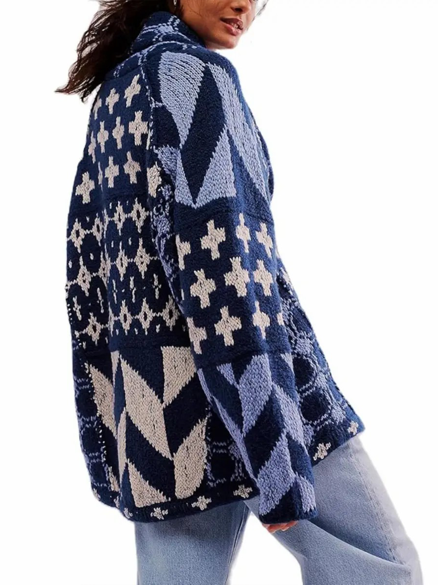Women's Y2K Colorblock Print Lapel Button Down Oversized Knit Cardigan