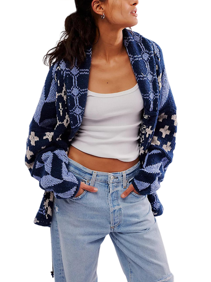 Women's Y2K Colorblock Print Lapel Button Down Oversized Knit Cardigan