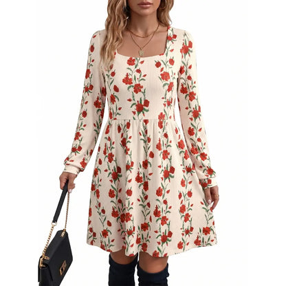 Square Neck Long Sleeve Floral Print Dress With Pockets