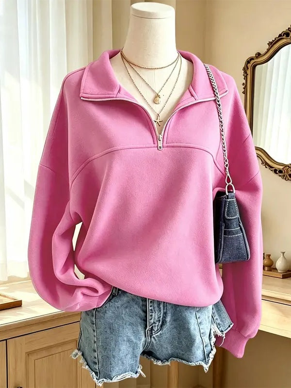 Women Half-Zip Mock Neck Solid Sweatshirt