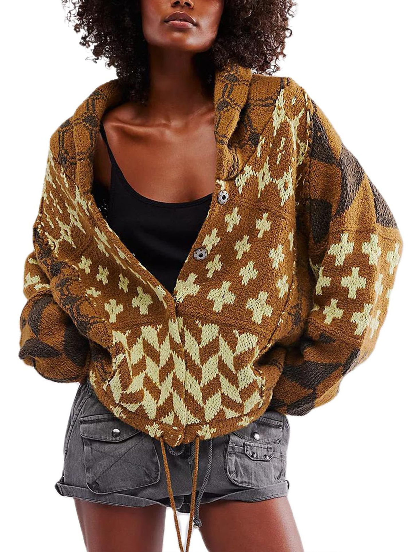 Women's Y2K Colorblock Print Lapel Button Down Oversized Knit Cardigan