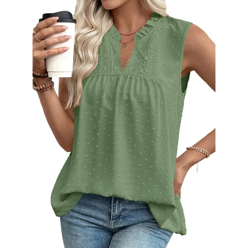 Women's Lace V Neck Dressy Casual Sleeveless Blouses Elegant Swiss Dot Smocked Shirts