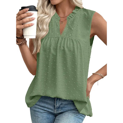 Women's Lace V Neck Dressy Casual Sleeveless Blouses Elegant Swiss Dot Smocked Shirts