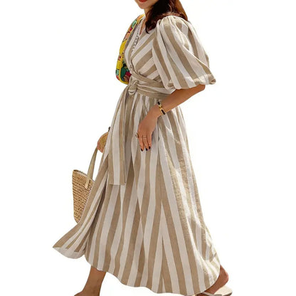 Deep V Neck Puff Sleeve Striped Maxi Dress With Belt