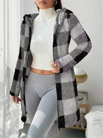 Plaid Fleece Hooded Mid Length Full Zip Coat