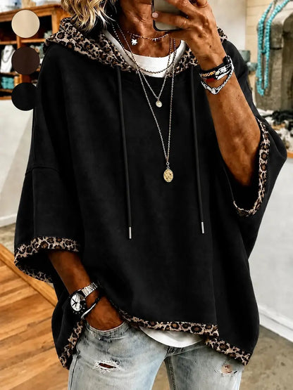 Limited time sale🔥Women 3/4 Bell Sleeve Leopard Trim Hooded Top