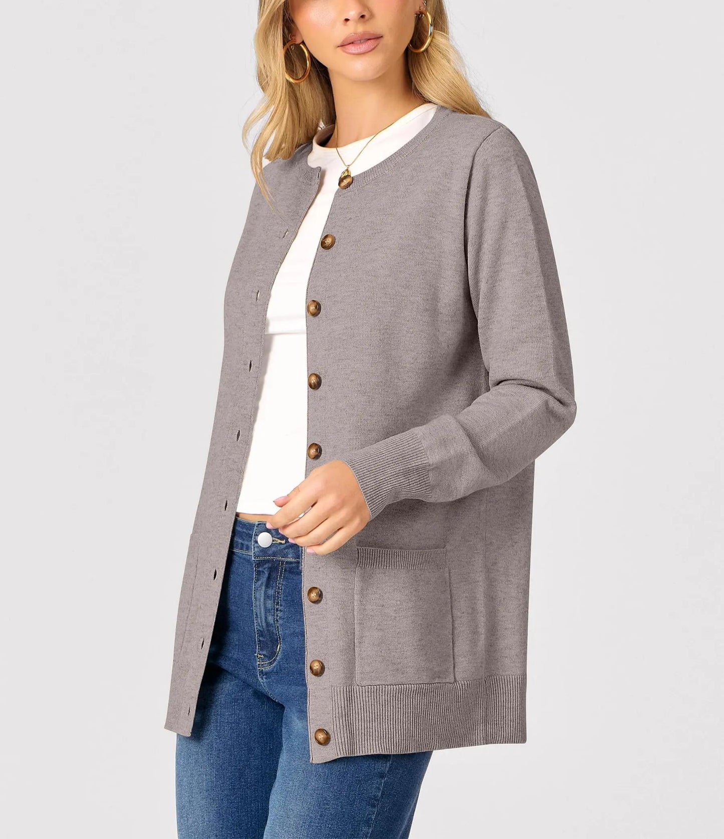 Women Round Neck Long Sleeve Button Front Knit Cardigan with Pockets