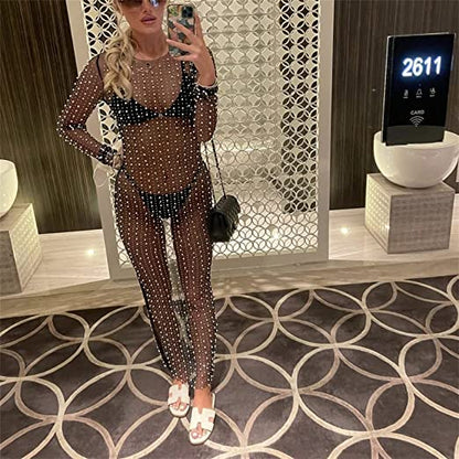 Summer Pearl Rhinestone Maxi Dress Beach Swimsuit Bikini Cover Ups