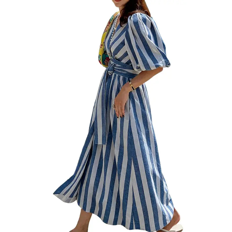 Deep V Neck Puff Sleeve Striped Maxi Dress With Belt