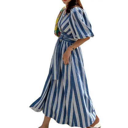 Deep V Neck Puff Sleeve Striped Maxi Dress With Belt