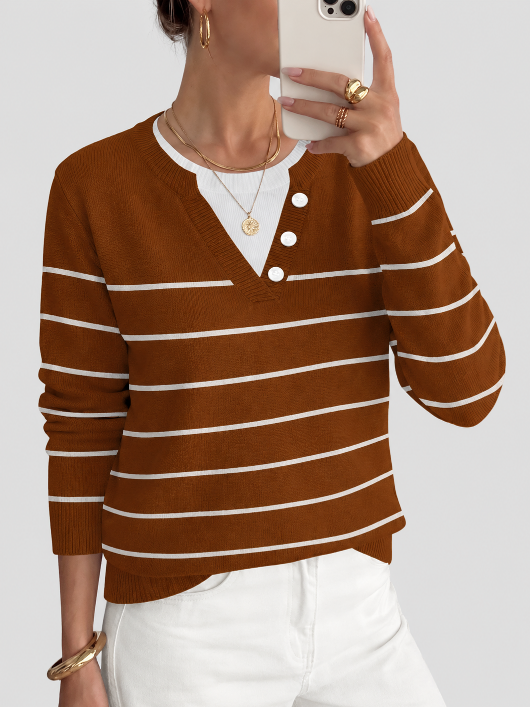 Women's Faux Layer V Neck Knit Sweater