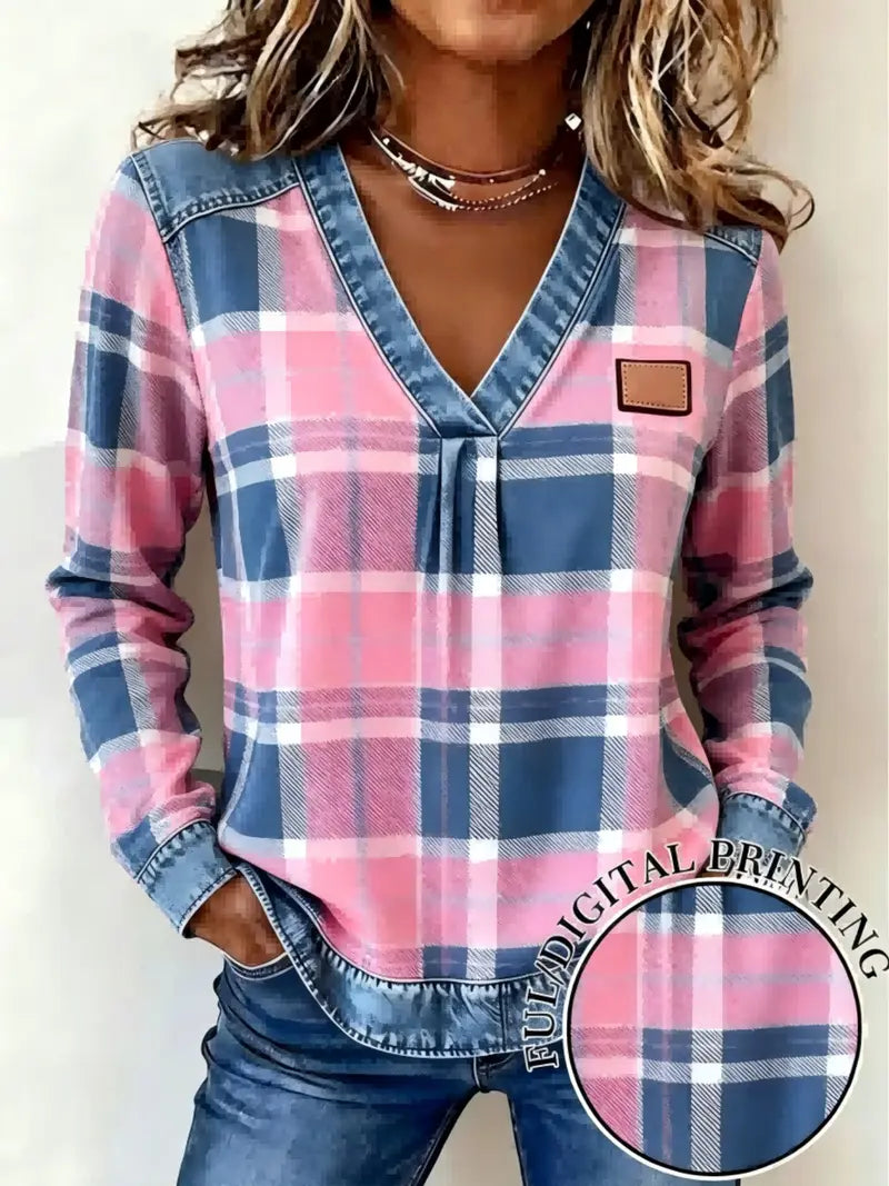 Hot Sale-Women's Fake Denim Patchwork Print V Neck Top