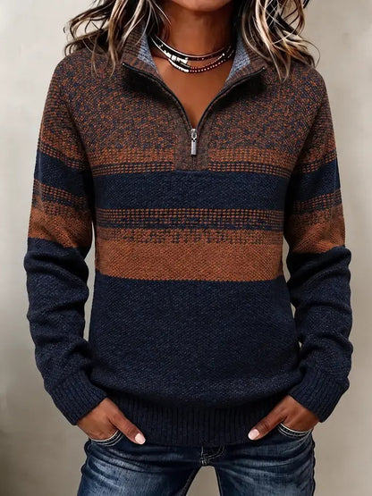 Hot Sale-Color Block Striped Half Zip Knit Pullover