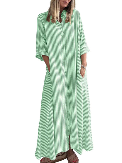 Women  Summer Boho Striped Maxi Shirt Dress 3/4 Sleeve Casual Button Down Long Dress