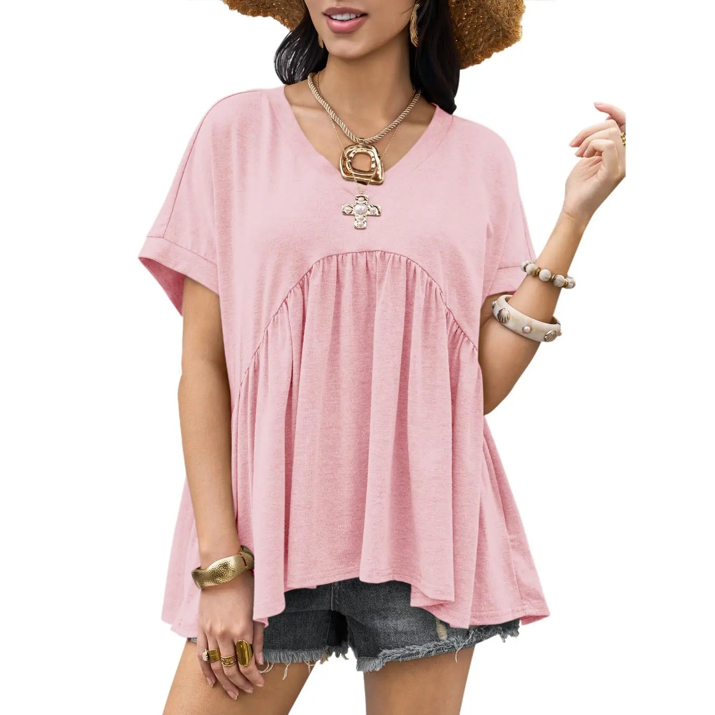 Women's Ruffled Top, Loose Babydoll Style, Short-Sleeve V-Neck T-Shirt