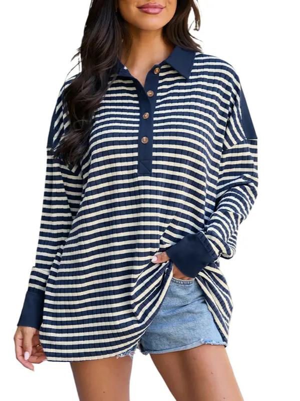 Women Oversized Striped Drop‑Shoulder Polo Shirt
