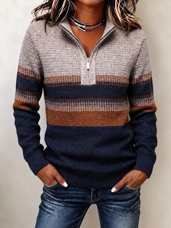 Hot Sale-Color Block Striped Half Zip Knit Pullover