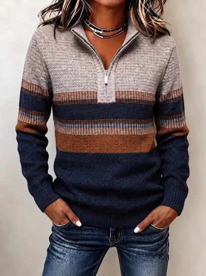 Hot Sale-Color Block Striped Half Zip Knit Pullover