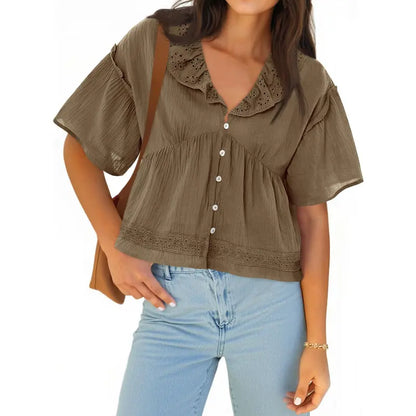 Womens Cropped Babydoll Tops Summer Eyelet V Neck Short Sleeve Cute Blouses Ruffle Shirts