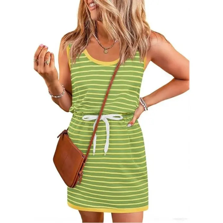 Women's summer sleeveless striped dress, drawstring waist casual suspender mini dress