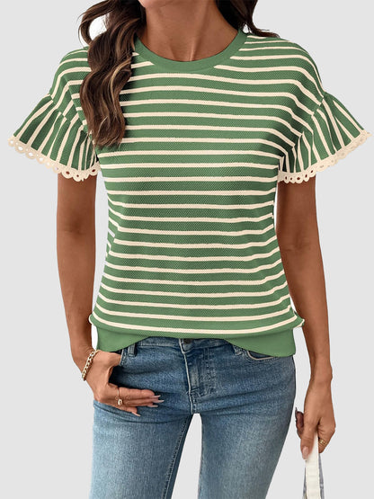 Women's Striped Lace Trim Flounce Sleeve T-Shirt