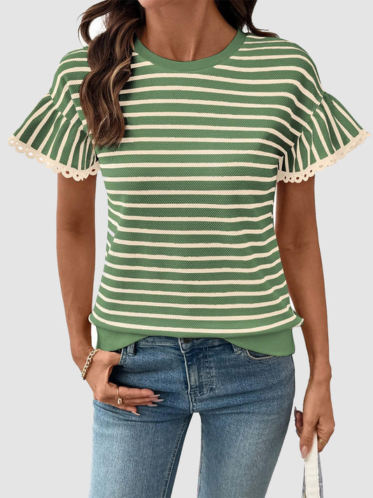Women's Striped Lace Trim Flounce Sleeve T-Shirt