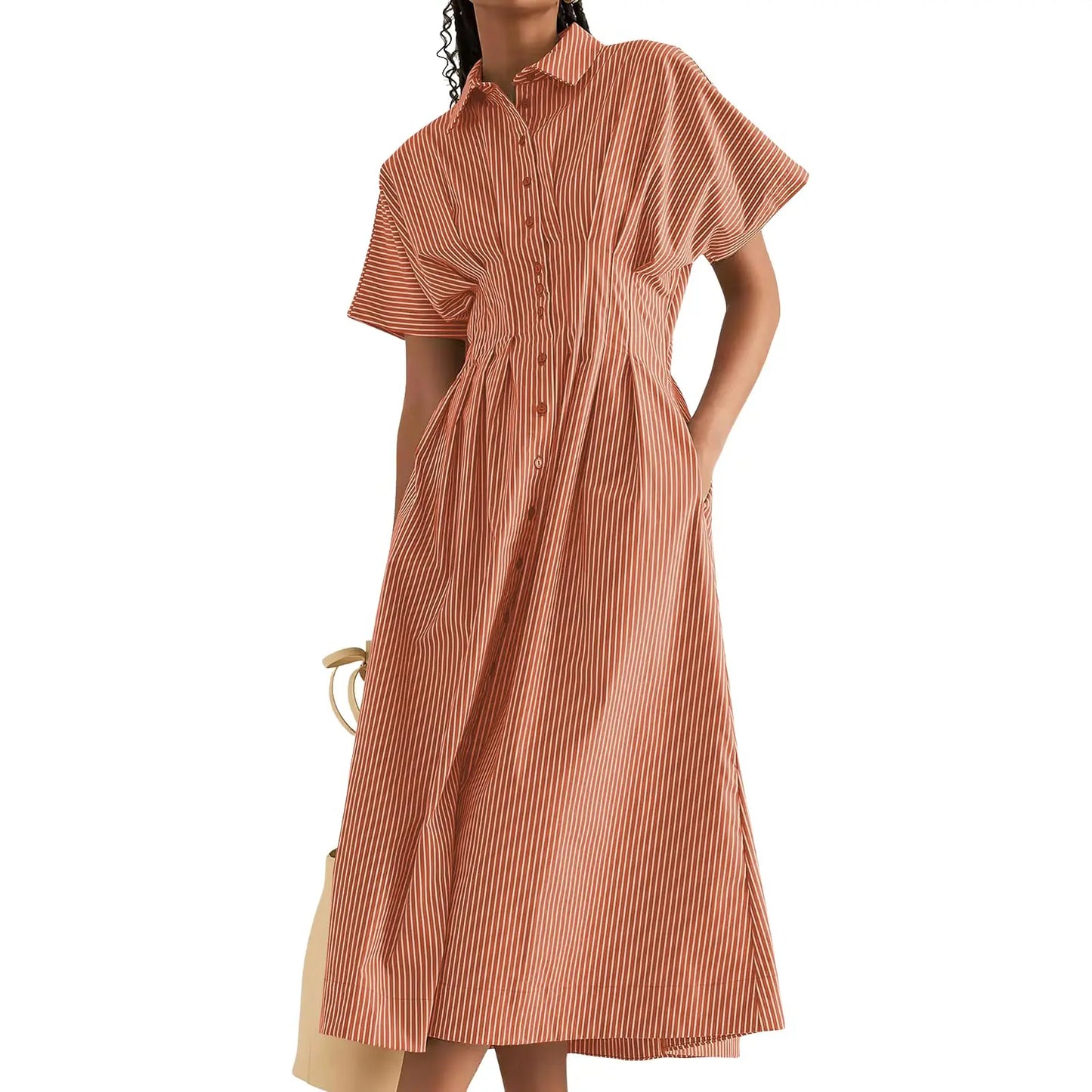 Pleated Waist Striped Shirt Midi Dress