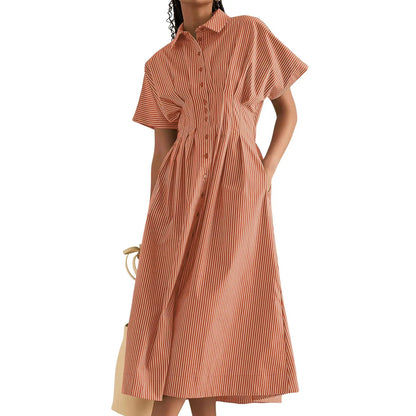 Pleated Waist Striped Shirt Midi Dress