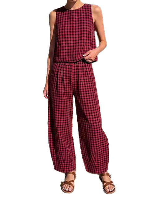 Women Plaid Sleeveless Crop Top & Elastic Waist Wide Leg Pants 2 Piece Matching Set