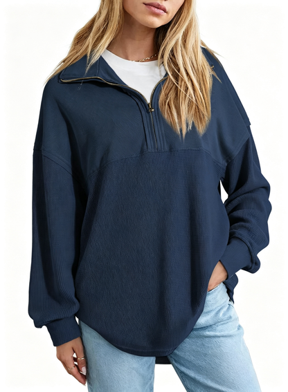 Women's  Waffle Knit Half Zip Pullover Casual Sweatshirt