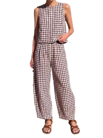 Women Plaid Sleeveless Crop Top & Elastic Waist Wide Leg Pants 2 Piece Matching Set