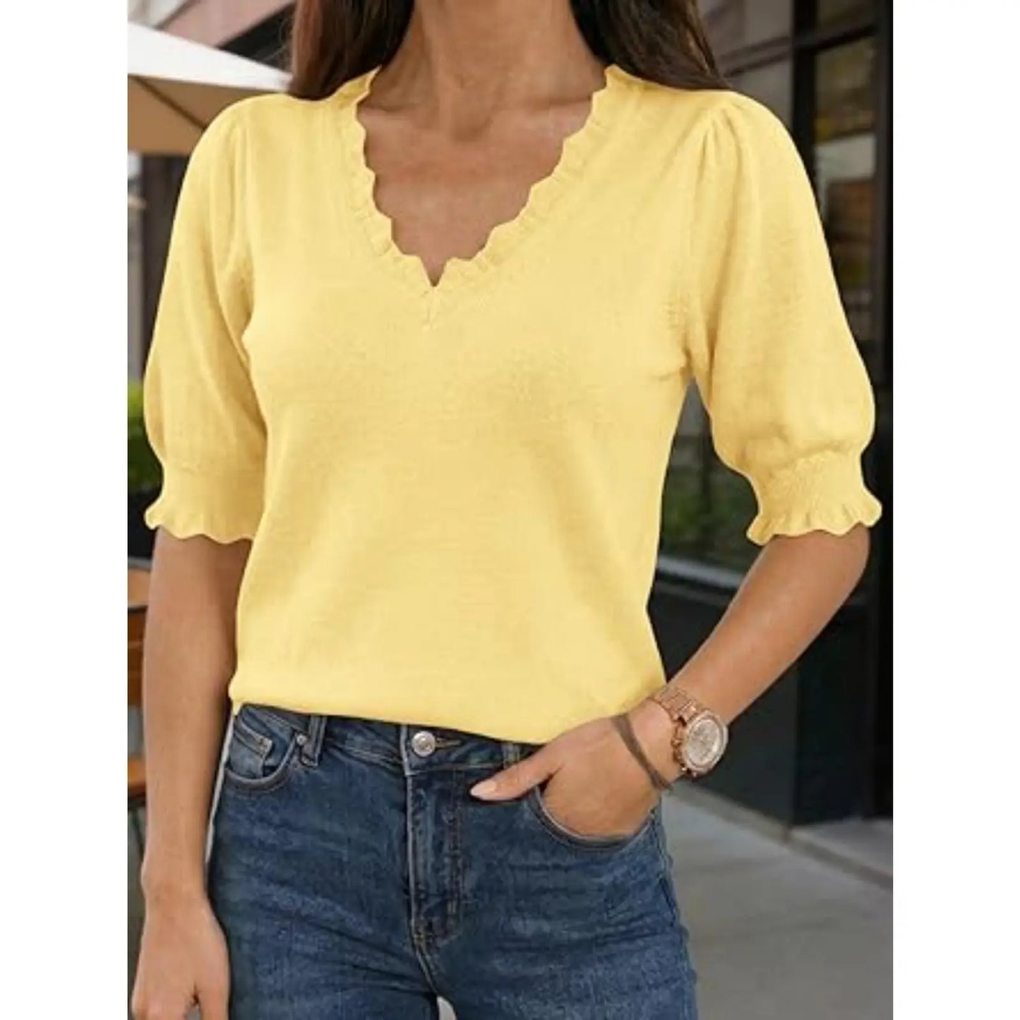 Scalloped V Neck Puff Elbow Sleeve Knit Top