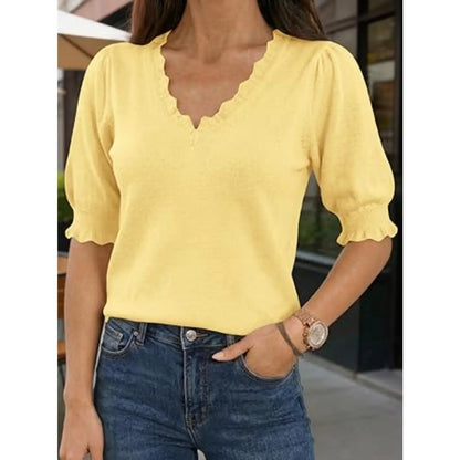Scalloped V Neck Puff Elbow Sleeve Knit Top
