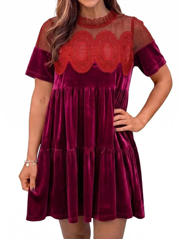 Women's Velvet Lace Babydoll Mini Dress